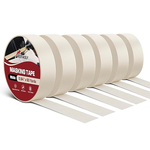 RED WOLF 0.94" x 60 Yards Masking Tape 6 Pack, General Purpose for Painting Arts Crafts Label Car Painting, Sharp Paint Line No Residue Painters Tape White Beige Crepe Paper Tape Heat Resistance