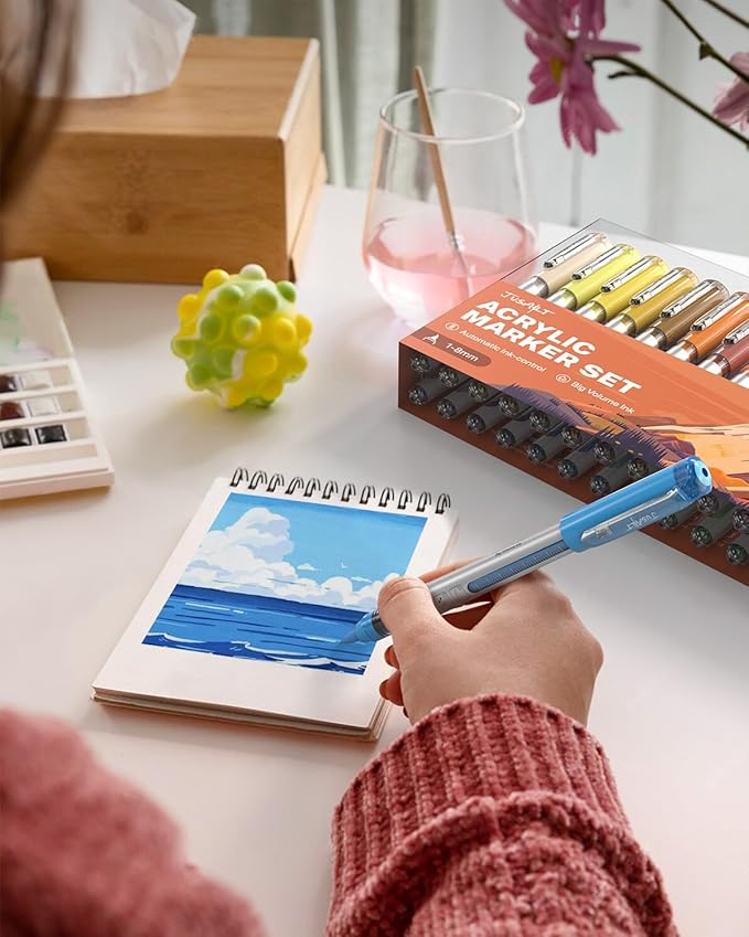 JusArt Acrylic Paint Markers Brush Tip 30 Colors, Water-Based No-Bleed Markers with Automatic Ink Control, Waterproof Acrylic Paint Pens for DIY Art & Crafts -Fabric, Rock, Wood, Glass, Ceramic, Metal