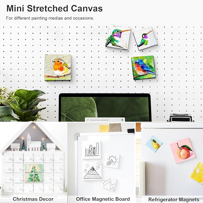 AUREUO Mini Magnetic Stretched Canvas 2.5x2.5 Inch / 24 Pack - Small Square Wrapped Canvas Board with Magnet Back, Art Gift Set Tiny Framed Bulk Pack Canvases for Christmas Painting & Craft