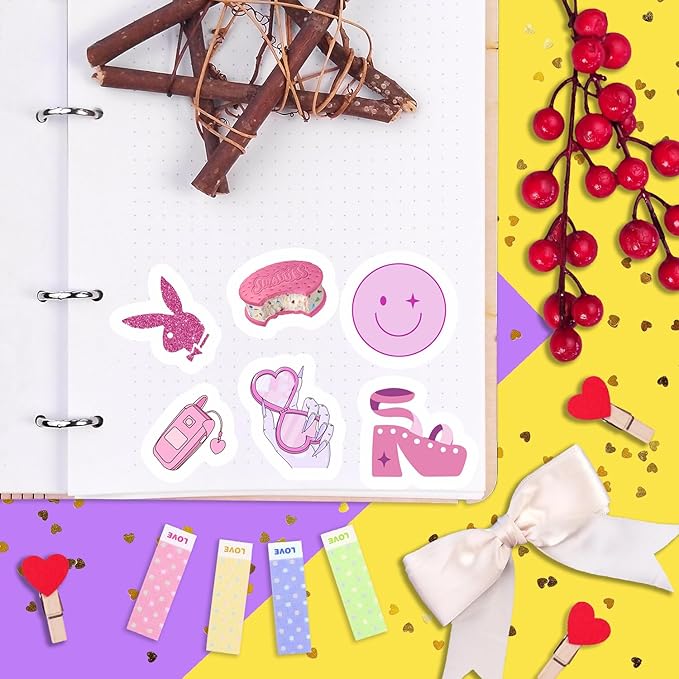 BulbaCraft 100Pcs Y2K Stickers Pink for Water Bottle and Laptop - Y2K Party Supplies & Decorations, Waterproof Vinyl Decals, 2000s and Aesthetic Stickers, Gifts for Women & Men