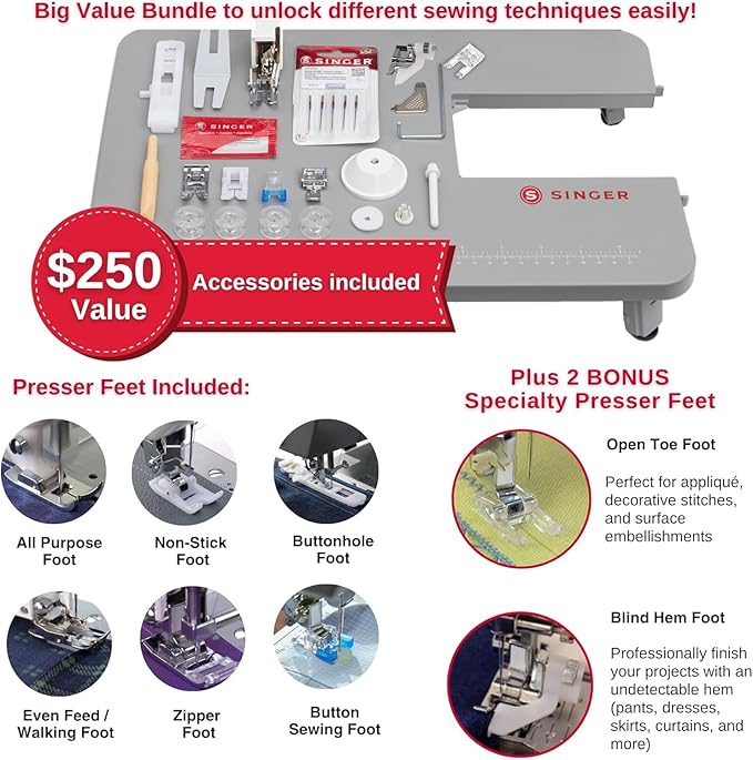 SINGER Heavy Duty Holiday Bundle - 4452 Heavy Duty Sewing Machine with Extension Table & 2 Presser Feet | Strong Motor, 110 Stitch Applications, Full Metal frame, 1-step Buttonhole & LED Light