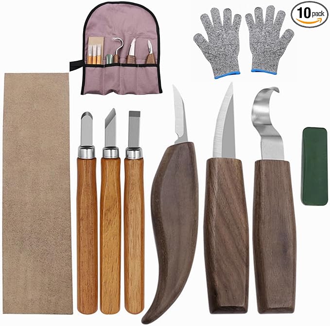 10Pcs Wood Carving Knife Set, Black Walnut Wood Carving Kit with Detail Wood Knife, Whittling Knife, Hook Knife for Beginners, DIY, Carving Knife Sharpener for Spoon, Bowl, Pumpkin, Cup