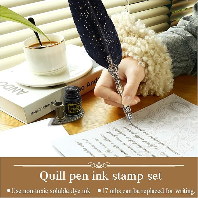 Quill Pen Ink Set,Includes Feather Pen and wooden dip pen, Ink,17 Replacement Nib,Pen Nib Base,3 Wax Seal Sticks,Stamp,White Wax,Spoon, Envelope Letter Paper,envelope tool (Black)