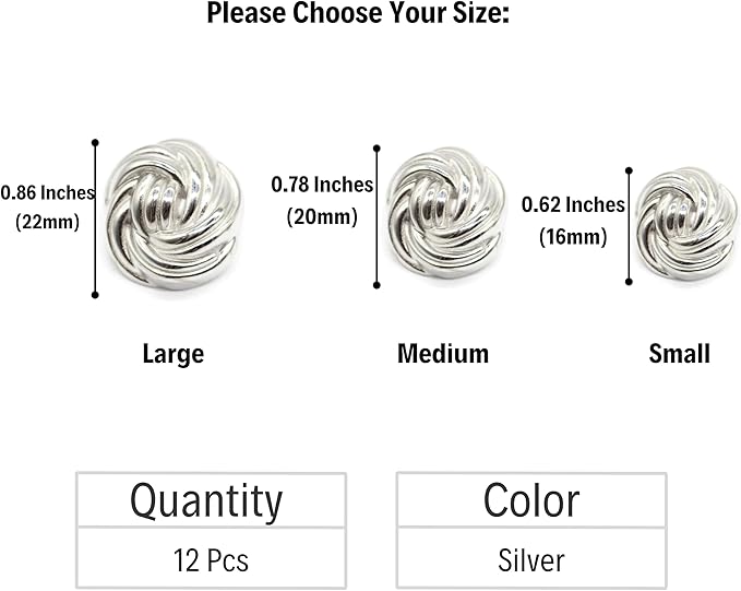 Floral Silver Metal Shank Buttons - 12 Pcs - 3 Size Options - Luxury Floral Round Wave Metal Shank Buttons for Men Women Blazer Coat Uniform Shirt Suit and Jacket Sewing Craft DIY FLR9323