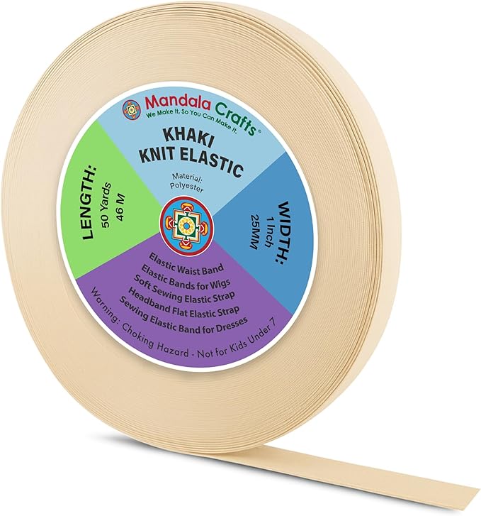 Mandala Crafts Wide 1 Inch Khaki Elastic Bands Spool for Pants Waistbands Sewing and DIY Crafts, 50 YD Stretchy Flat Fabric Strap Knit Elastic Band for Wig