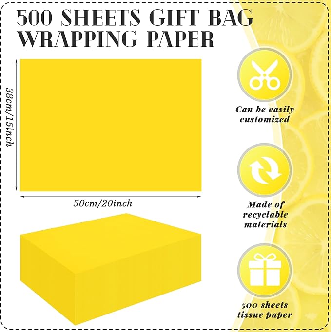 Qilery 500 Sheets Yellow Tissue Paper Bulk for Gift Bags 15 x 20 Inch Acid Free Packaging Wrapping Paper Sheets for Mardi Gras Easter Party Decoration DIY Craft, Bouquet, Pastry, Wedding