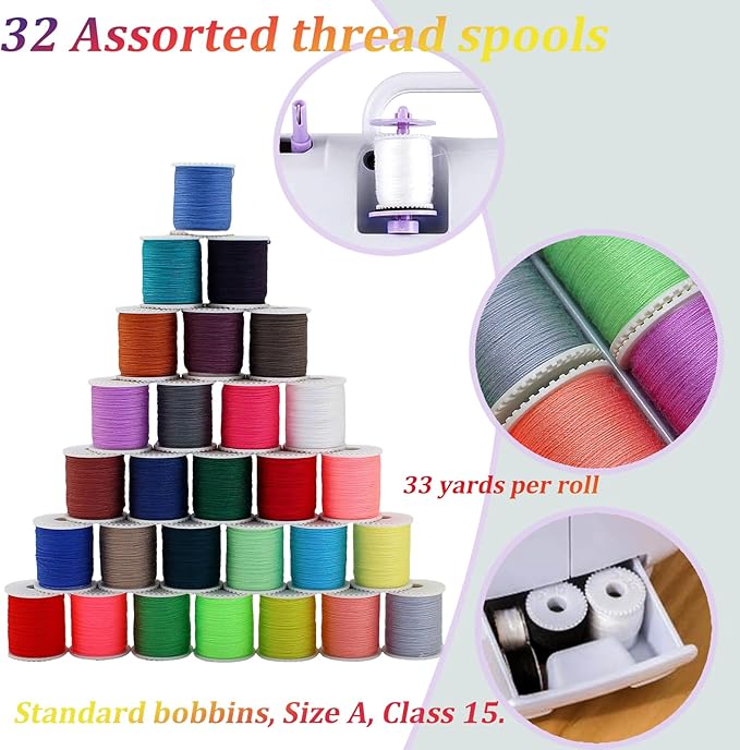 60 Pcs Bobbins Sewing Thread Kit Polyester Mini Bobbins and Thread Spools for Hand & Machine Sewing for Mom Grandma Friend Adults Beginner Kids Traveler