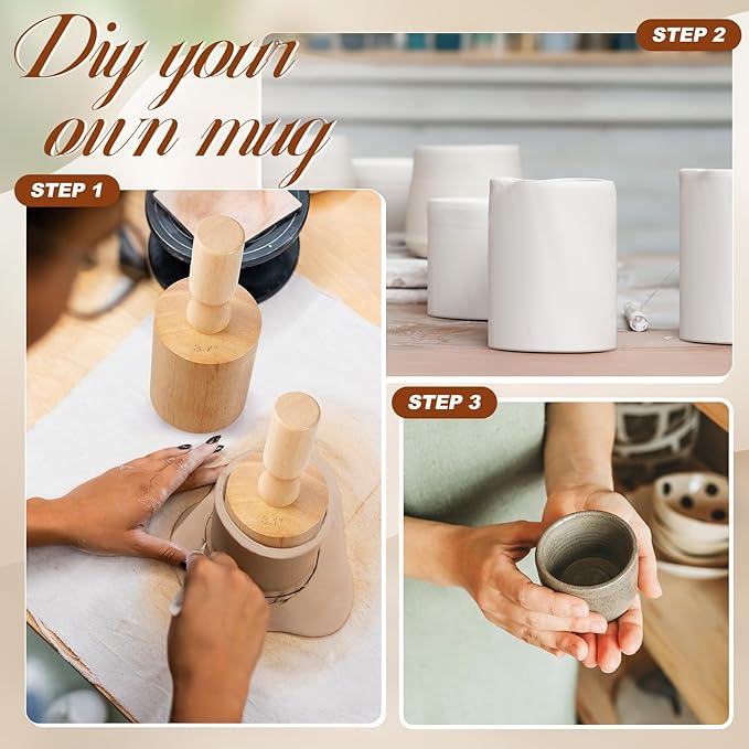 Juexica 3 Pcs Pottery Clay Molds 3 Size 2.5'', 3.1'', 3.7'' Plaster Mug Vase Tools with Removable Handle, Pottery Cup Shaping Tool Wood Slump Press Mold for DIY Ceramic Cup Mug Vase Making