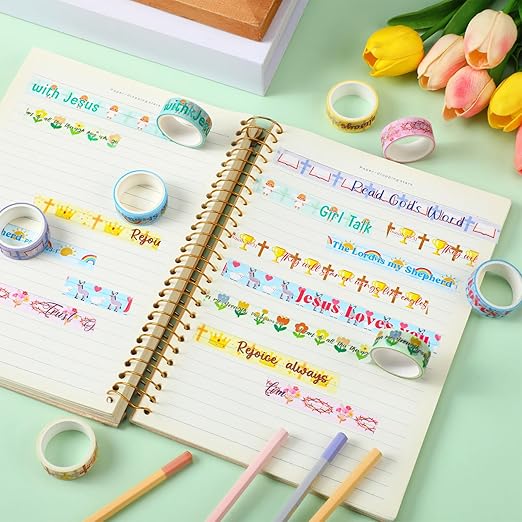 Janlaugh 24 Rolls Christian Washi Tape for Bible Journaling Gifts Bulk Religious Inspirational Scripture Supplies Cute Floral Bible Verse Washi Tape for Study Crafting Spring Gifts Favors