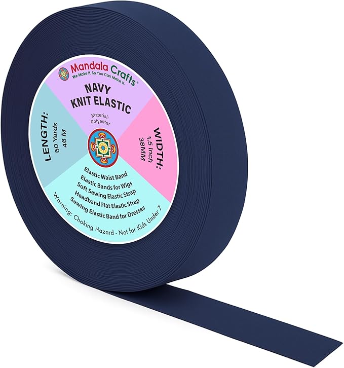 Mandala Crafts Wide 1.5 Inch Navy Elastic Bands Spool for Pants Waistbands Sewing and DIY Crafts, 50 YD Stretchy Flat Fabric Strap Knit Elastic Band for Wig