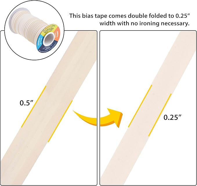 Mandala Crafts 55 Yards 1/4 Inch Cream Double Fold Bias Tape for Sewing - Bias Binding Tape for Quilting Binding, Hemming, Seam, and Fabric Piping