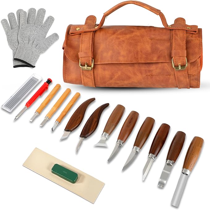 Deluxe Wood Carving Kit, Wood Carving Tools Set, 8Pcs Whittling Knifes&5Pcs Detail Carving Knives with Large Leather Case & Gloves, Wood Whittling Kit for Beginners and Carpenter Experts
