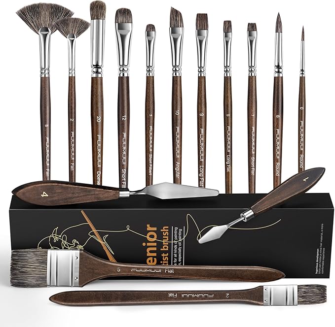 Oil Paint Brush Set, 15Pcs Fuumuui Professional Paint Blending Brushes Natural Badger Bristle with Flat, Fan, Angle, Round, Filbert for Acrylic Oil Painting with 2pc Palette Knife