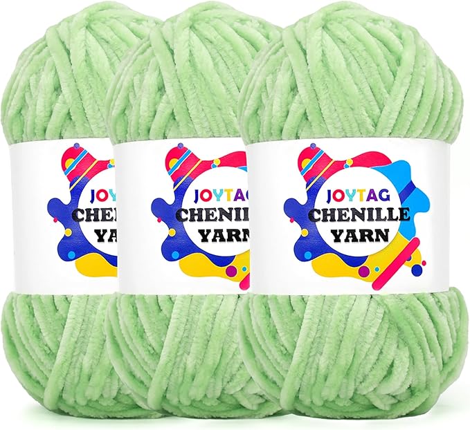 Velvet Chenille Yarn for Crocheting & Knitting - Soft, Fluffy, Thick, Bulky, Chunky Light Green Velvet Yarn - 3 x 100g