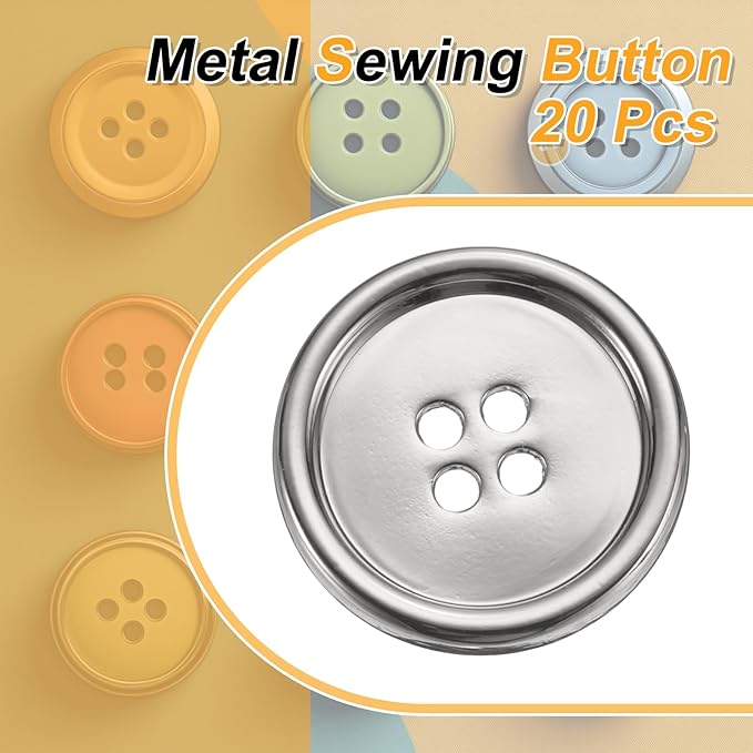 HARFINGTON 20pcs Metal Sewing Button, 25mm 4-Hole Round Suit Shirts Coats Clothes Sewing Buttons for Decoration Craft, Silver