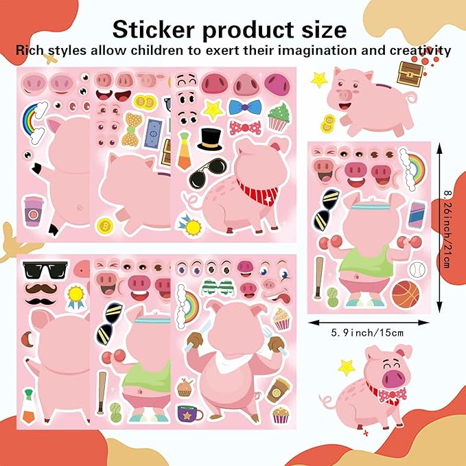 24PCS Pig Stickers for Kids Toddlers, Make-a-face Stickers, Make You Own Kawaii Pink Piggy Stickers Cute Animal Stickers for Brithday Party Favor Supplies Gifts, Teacher Classroom Reward