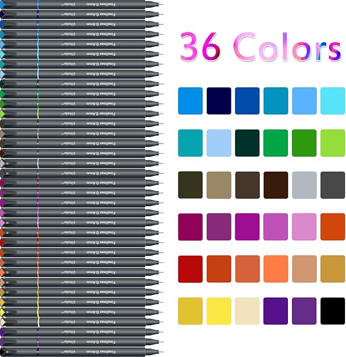 Vitoler 36 VIBRANT Colored Pens, Fine Tip Journal Planner Pens,Drawing Marker Pens for Writing Journaling Planner Coloring Book Sketching Taking Note Calendar Art Projects Office Supplies