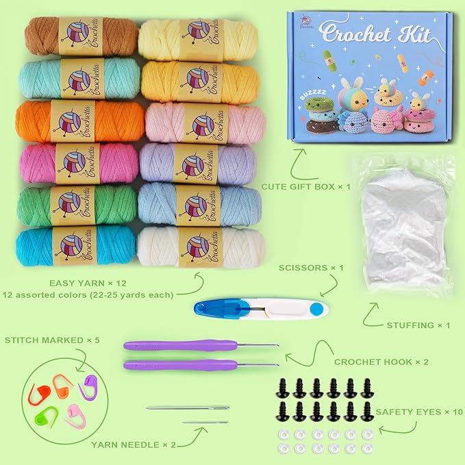 Crochetta Crochet Kit for Beginners Adults - Complete Starter Set with Crochet Hooks, Scissors, Stitch Markers + 12-Colored Yarn 22-25 Yards (10g) per Color