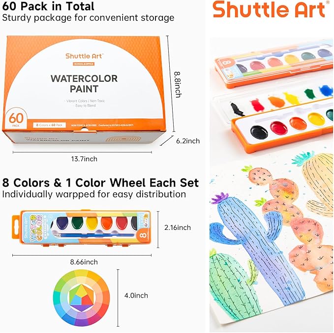 Shuttle Art 60 Pack Watercolor Paint Set, 8 Colors with Paint Brushes & Color Wheels, Washable for Kids & Adults, Suitable for Classroom, Parties, Kindergarten & Art