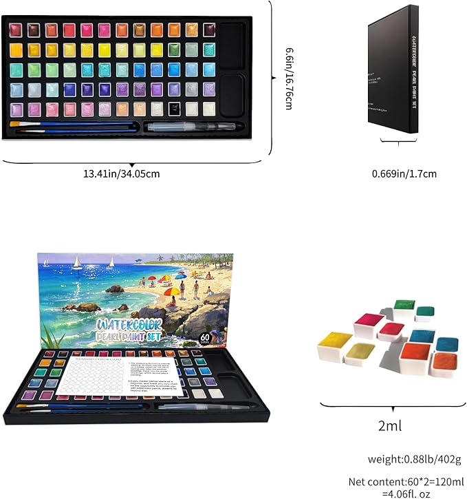 2ml Large Capacity Metallic Watercolor Paint Set, 36/60/84 Color Metallic/Pearlescent/Glitter/Color Shifting/Shimmer Water Color Paint for Adult Kids with 2 Paintbrushes (60colors)