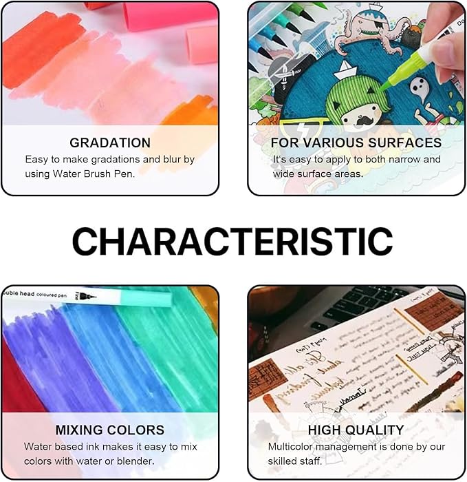 ArtBeek Art Brush Markers Pens for Adult Coloring Books, School Supplies for Teens, 24 Colors Numbered Dual Tip (Brush and Fine Point) Drawing Markers for Note Taking Planner Journal Calligraphy