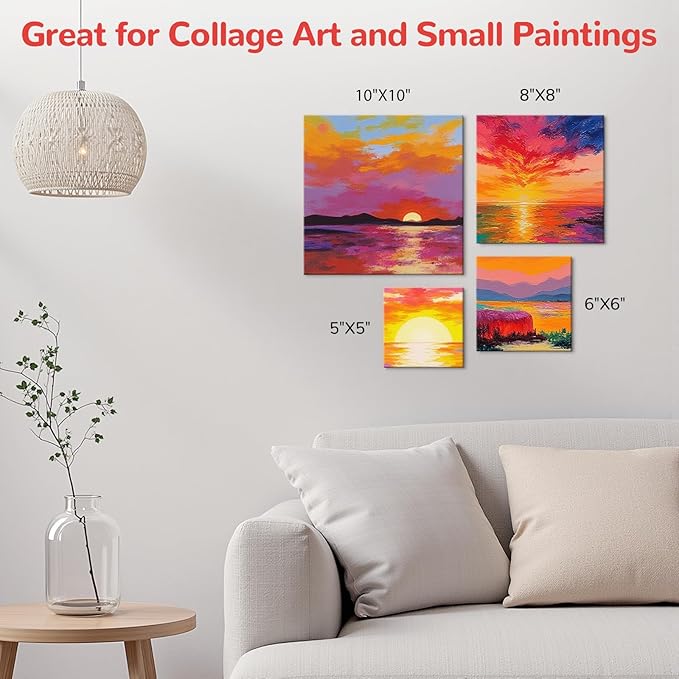 Small Canvas Boards for Kids Painting 56Pcs of 5x5, 6x6, 8x8, 10x10 inch Flat Square Canvas Panels, 100% Cotton White Acrylic Watercolor Paint