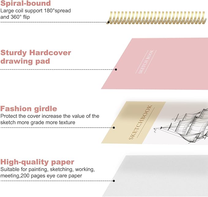 Yoment 5.5" x 8.5" Sketch Book Small Sketchbook for Drawing 100 Sheets Hardcover Spiral Sketch Pad for Kids(68lb/100gsm) Art Sketchbook Drawing Blank Paper Book for Beginner Artist with Pencil Pink