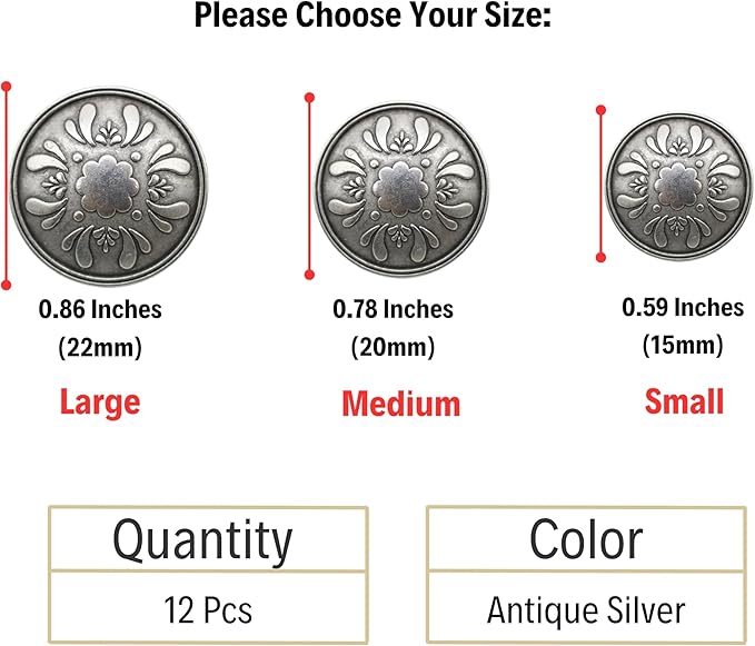 Antique Silver Metal Shank Buttons - 12 Pcs - 3 Size Options - Floral Round Metal Shank Buttons Vintage for Men Women Blazer Coat Uniform Shirt Suit and Jacket Sewing Craft DIY N11003