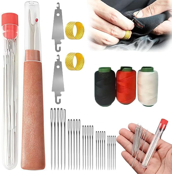Big Eye Steel Sewing Needles Kit, 2025 New Stainless Steel Needles for Hand Sewing, 34pcs Big Eye Steel Needles Set - Long & Thin Handmade Quilting & Sewing Needles Kit, for Beginners Daily Use