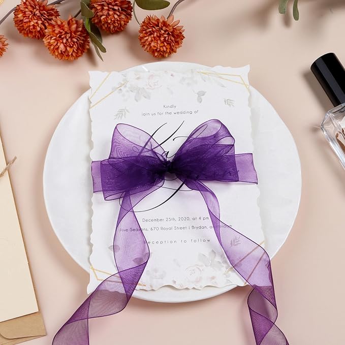 Purple Ribbon for Gift Wrapping 3/8 inch Sheer Organza Ribbon for Flower Bouquet Tulle Chiffon Ribbons for Wedding Invitations Christmas Halloween Decorations Crafts 50 Yards