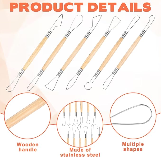 6 Pcs Clay Sculpting Tools Double-Sided Pottery Trimming Tool Wooden Handle Clay Carving Tools Pottery Trimming Tool Wire Loop Sculpture Set for Ceramic Carving