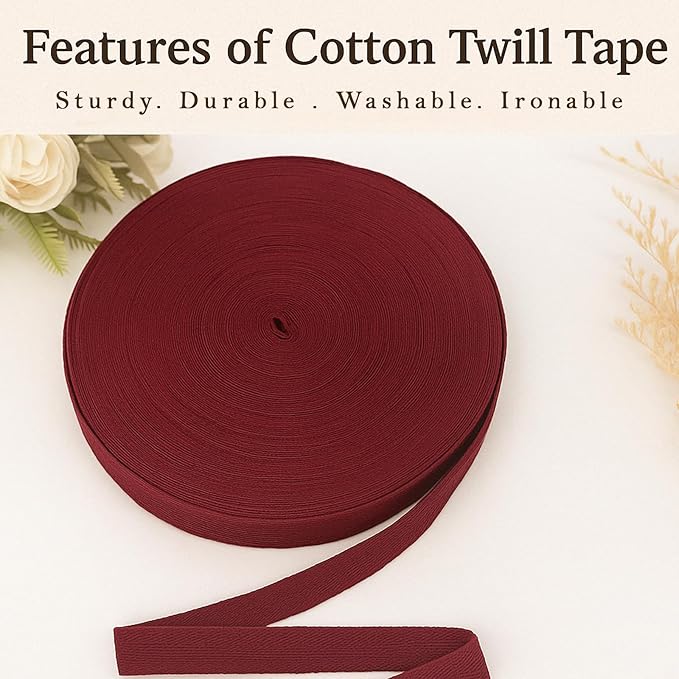 Wine Red Twill Tape 3/4 Inch Wide - 40 Yards Herringbone Cotton Webbing Bias Binding Tape for Sewing, Crafting, DIY Projects, Pet Collars, Gift Wrapping and Home Decoration