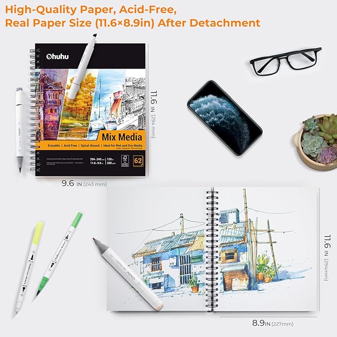Ohuhu Mix Media Pad, 11.6"x9.6" Mixed Media Art Sketchbook, 120 lb/200 gsm Heavyweight Papers, 62 Sheets/124 Pages, Spiral Bound Mixed Media Paper Pad for Acrylic, Painting Christmas Gift
