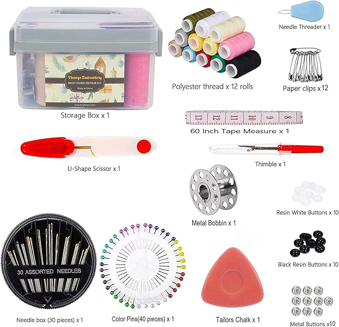 Sewing Kit for Adults & Beginners - Portable Travel Hand Sewing Supplies with Case, Thread, Needles, Scissors - Complete Basic Starter Set (Gray)