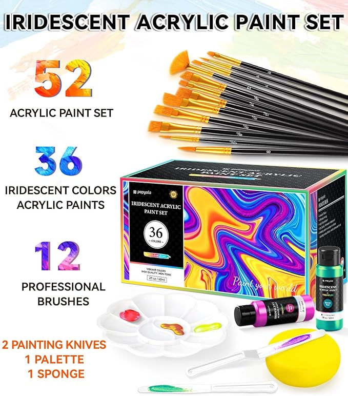 52 PCS Iridescent Acrylic Paint Set with 12 Brushes, 2 Knives & Palette, 36 Colors (2oz/60ml) Art Craft Paint for Adults Kids Artists Beginners, Canvas Ceramic Rocks Wood Painting Kit Art Supplies