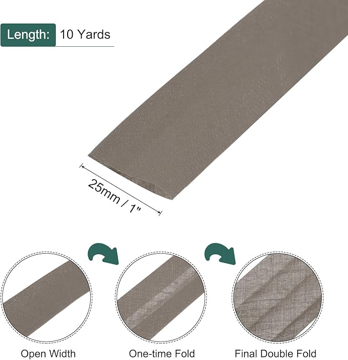 MECCANIXITY 1 Inch Double Fold Bias Tape Polyester Continuous Bulk Bias Tape for Sewing,Seaming Quilting Hemming Binding Crafts (Coffee 10 Yards)