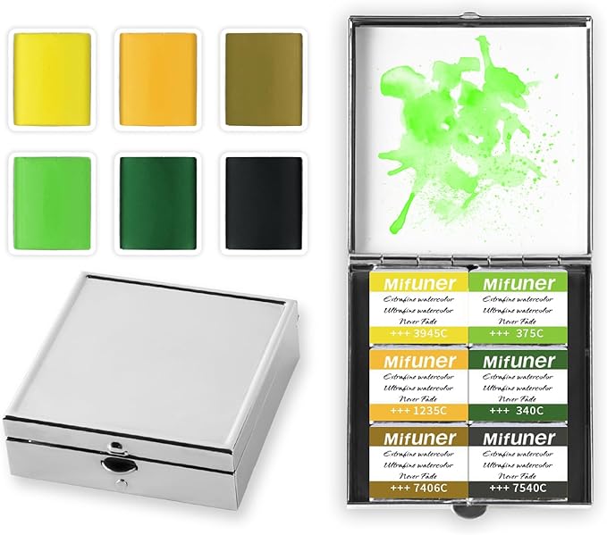 Mini Portable 6-Color Solid Watercolor Paint Set for Adults & Artists, High Tinting Strength Travel Art Kit for Beginners and Professionals, Half Pans (Each Capacity Approx 1.5ml).Yellow Green