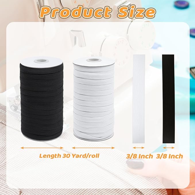 Coopay 60 Yards Length 3/8" Width Elastic Bands Flat Elastic Cord Rope Heavy Stretch Spool Knit for Sewing DIY Projects, Arts & Crafts, 2 Rolls, 30 Yards/Roll (Black and White, 3/8 Inch)