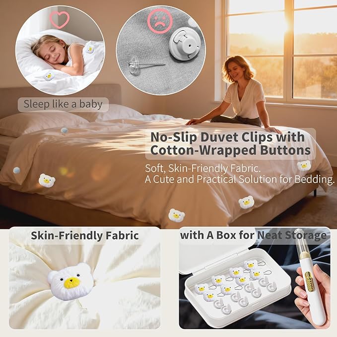 8 Pcs Duvet Clips with Pins Quilt Fixer,Non-Slip Duvet Cover Clips,Duvet Clips to Hold Comforter Inside,No Needles，Bear Pattern(Inc Hook Tool,Storage Box) (White)