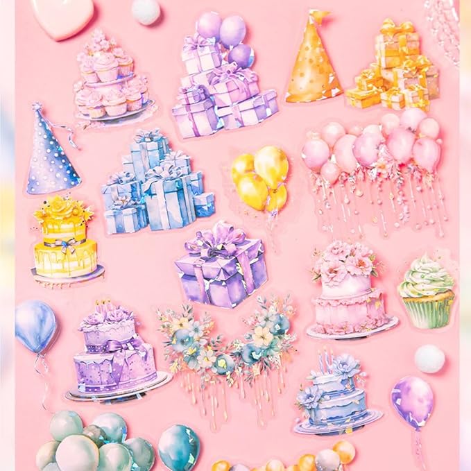 60 PCS Exquisite Fantasy Wishing Balloon Glitter Shiny PET Sticker, Decorative Birthday and Holiday Themed Shine Stickers for Scrapbooking, Journaling, Waterproof DIY Crafts and Junk Journal Supplies