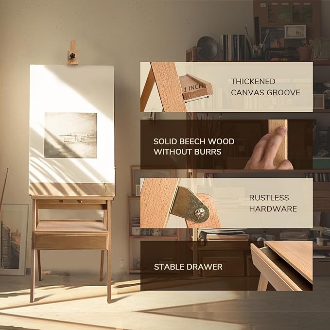 Large Solid Beech Wood Painting Easel with Storage Drawer(60"~75" H), H-Frame Adjustable Wooden Easel Stand with Signature Box for Adults, Students,Sturdy Canvas Holder up to 36''