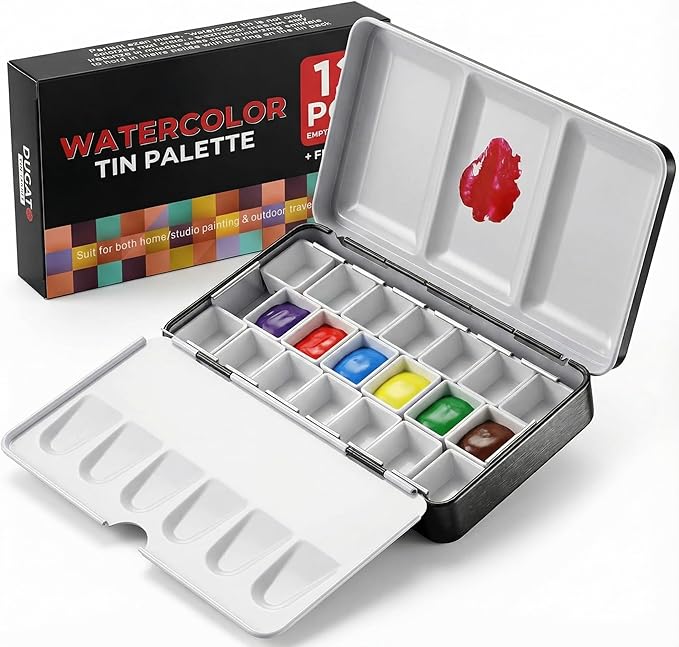 DUGATO Small Empty Watercolor Palette Tin with Lid - Includes 20 Half Pans, 4 Fold-Out Mixing Areas - Metal Travel Box for DIY Art Supplies