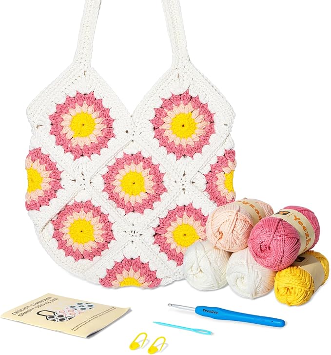 Yeezhee Crochet Kit for Advanced or Intermediate Beginners, Crochet Bag Kit with Step-by-Step Video Tutorials, Granny Square Crochet Tote Bag Set, Knitting Kit Including Yarn, Crochet Hook, Daisy