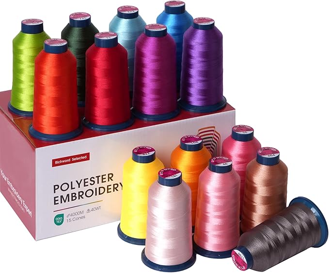 Richword Selected Embroidery Machine Thread 15 Colors 40WT (108D/2) Polyester Thread Kit Each Cone 4000M (4374Y)— Creative Edition for Colorful Design Projects