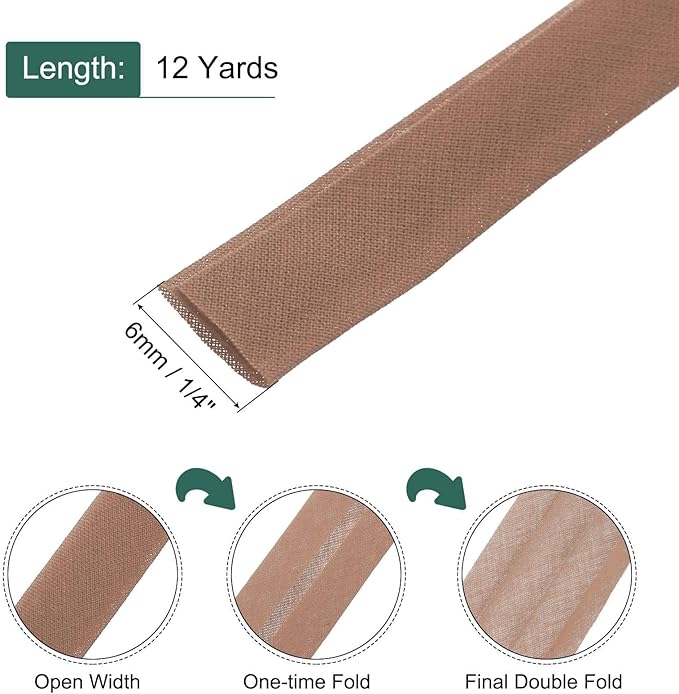 MECCANIXITY 1/4 Inch Double Fold Bias Tape Continuous Bulk Cotton Bias Tape for Sewing Seaming Quilting Hemming Binding Crafts (Coffee 12 Yards)