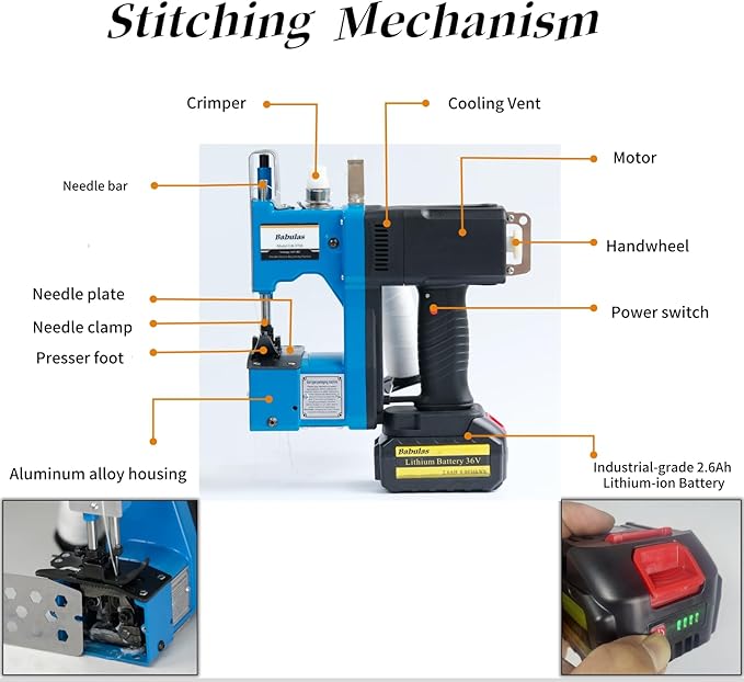 Cordless Bag Sewing Machine | Portable Industrial Bag Closer | 2-Second Fast Sealing for Woven PP/Canvas/Jute Bags | Factory & Farm Bag Stitcher (Blue, Lithium Battery - 36V DC)