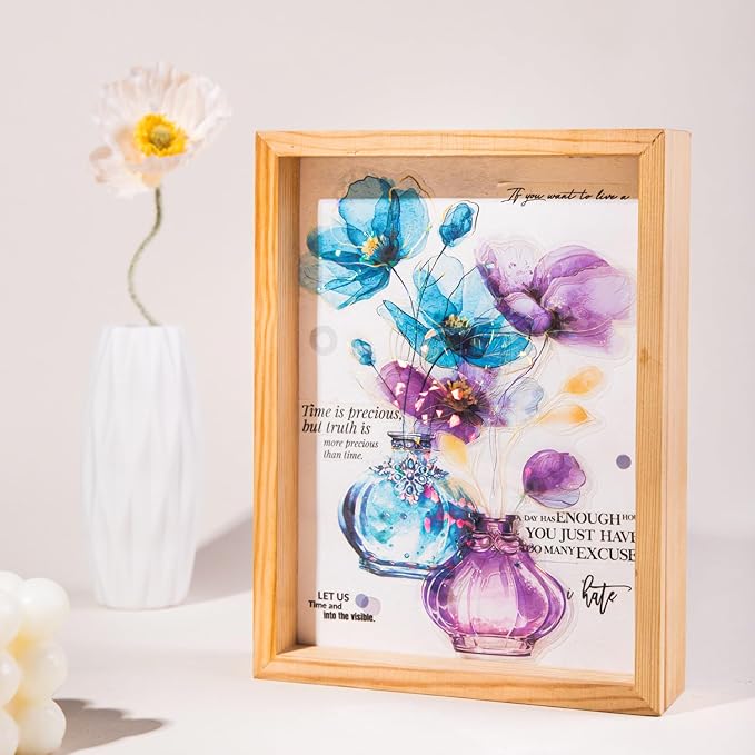 Yoksas 60 Pcs Large Holographic Shiny Flower Vase Scrapbooking Stickers - Transparent Sparkle Watercolor Flowers Plants Decals for Scrapbook,Journals,Resin Art,Botanical Garden Artistic
