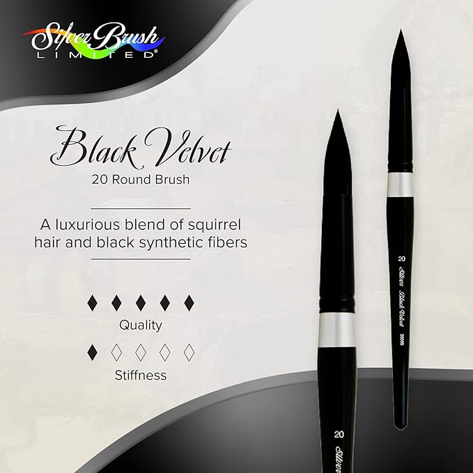 Silver Brush Limited 3000S-20 Black Velvet Round Paintbrush for Watercolor, Gouache, Inks, & Dyes, Size 20, Short Handle