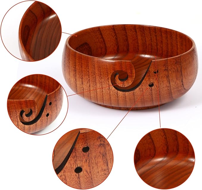 Wooden Yarn Bowl, 8" x 3" Knitting Tool with Holes, Handmade Rounded Edge for Crocheting, Storage Holder for DIY Sewing Supplies