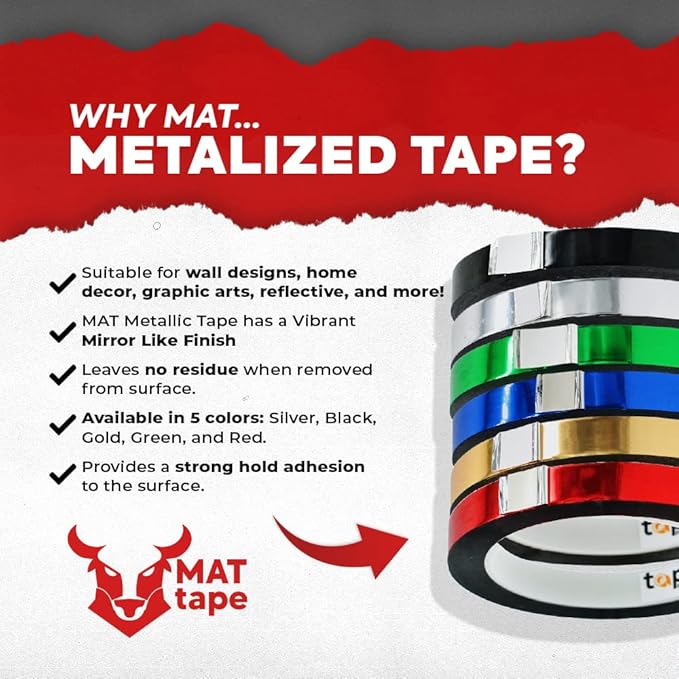 MAT Metalized Polyester Mylar Film Tape, Red - 1.5 inch x 72 yds. Decor Tape for Detailing Accent Wall, Graphic Arts, Car and Boat Trim - Vibrant Mirror Like Finish